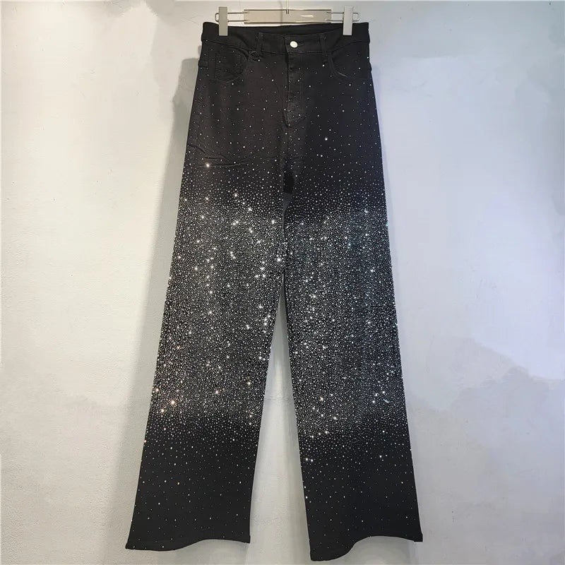 2026 New Fashion Spring Black Denim Pants For Women Glitter Diamonds Blingbling Wide Leg Straight Loose Jeans 29A5692