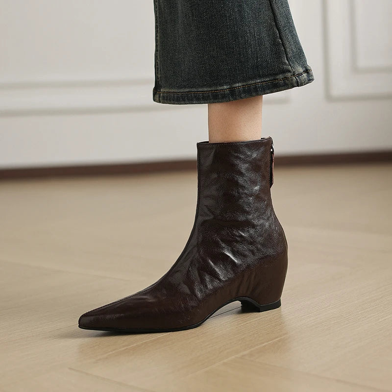 Women's Handmade Genuine Leather Short Boots Thick Heel Flat Bottom Pointed Toe Heightening Retro Boots 33-40