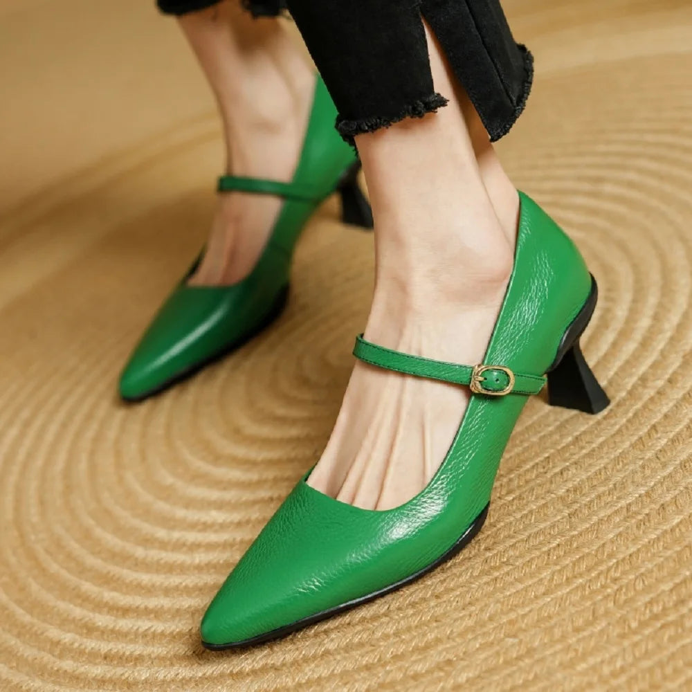 New Handmade Mid Heels Women Shoes Fashion Sexy Cow Leather Party Summer Pointed Toe Mary Jane Shoes Dress 34-40