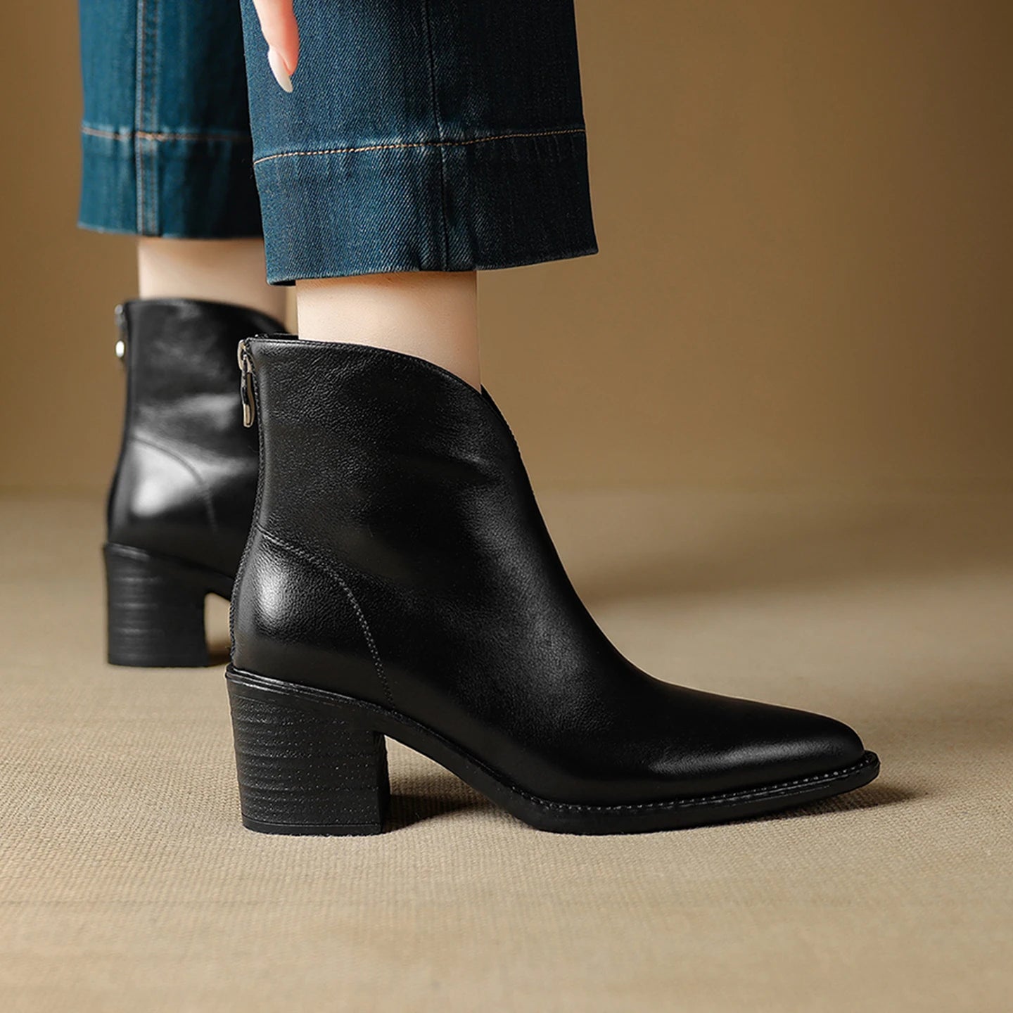 Women Handmade Genuine Leather Pointed Toe Chunky Heel Shoes Casual Zip Ankle Boots Western Boots 34-40