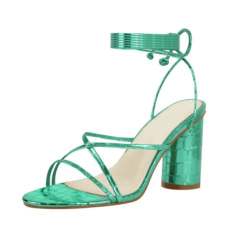 Women Peep Toe Block Chunky High Heel Lace up Open Toe Big Size Dress Sandals