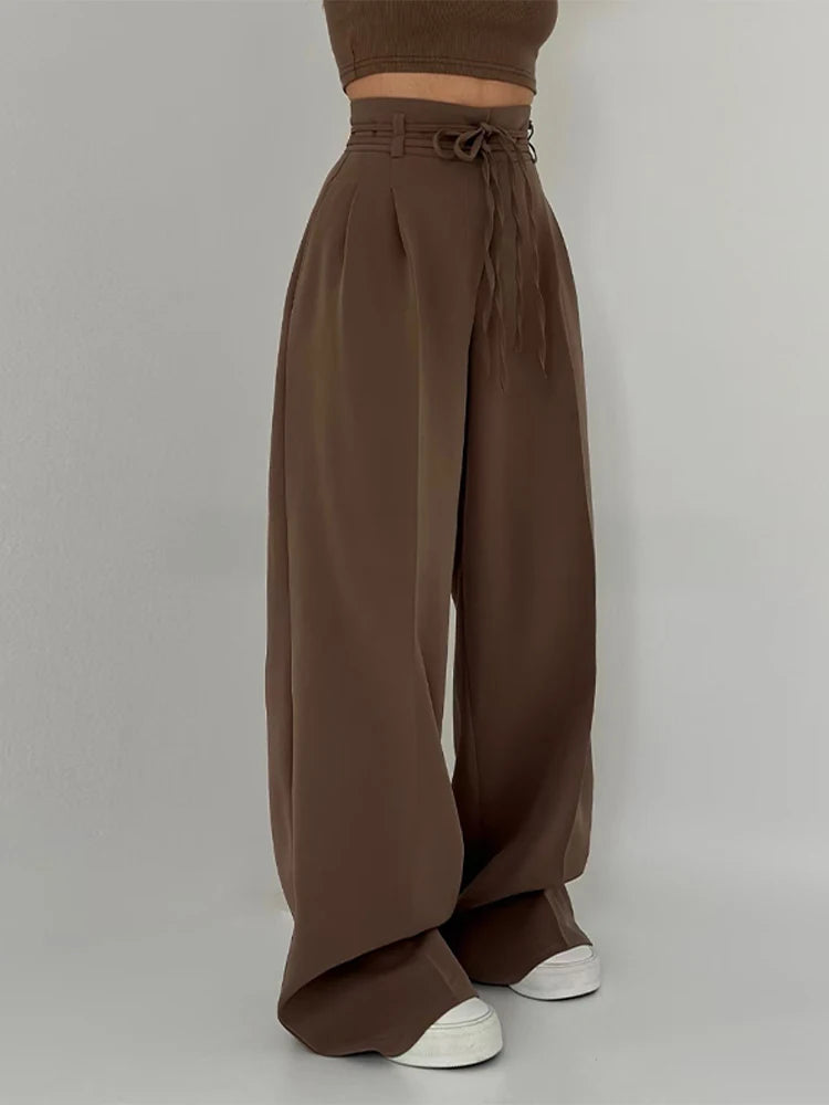 Fashion Y2K Wide Leg Long Pant For Women Elegant Elastic High Waist Double Drawstring Baggy Pant Office Lady Loose Suit Trousers
