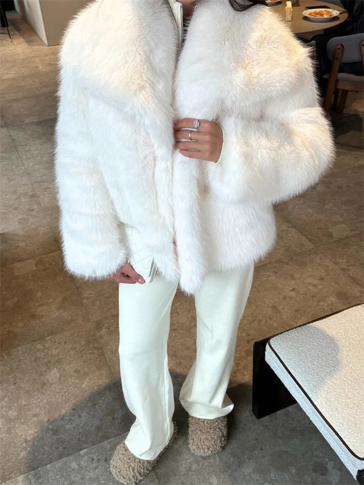 Winter Female Fur Feather Overcoat Luxury Lapel Long Sleeve Elegant Fluffy Commute Streetwear Women's Faux Fur Coat 2025