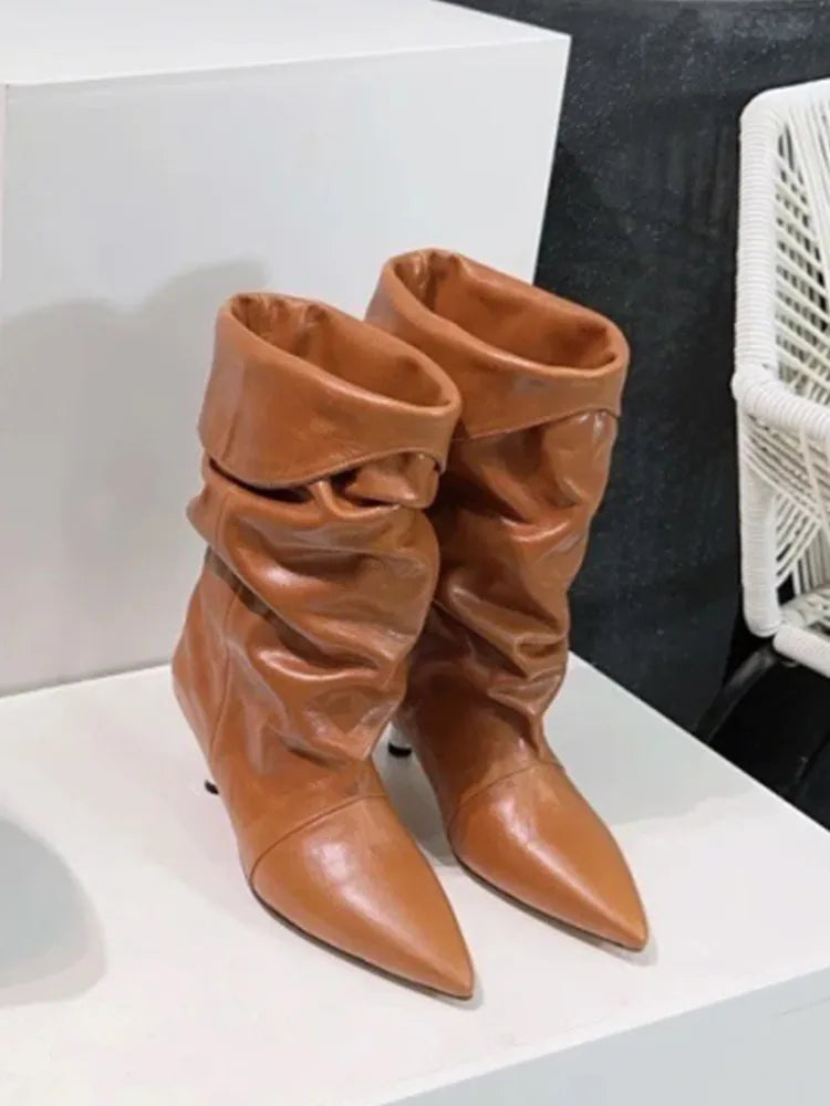 Women's Autumn and Winter New 5cm Slim Heel Fringed Calf Boots with Pointed Pleats, Women's Knight Boots, Mid Leg Boots