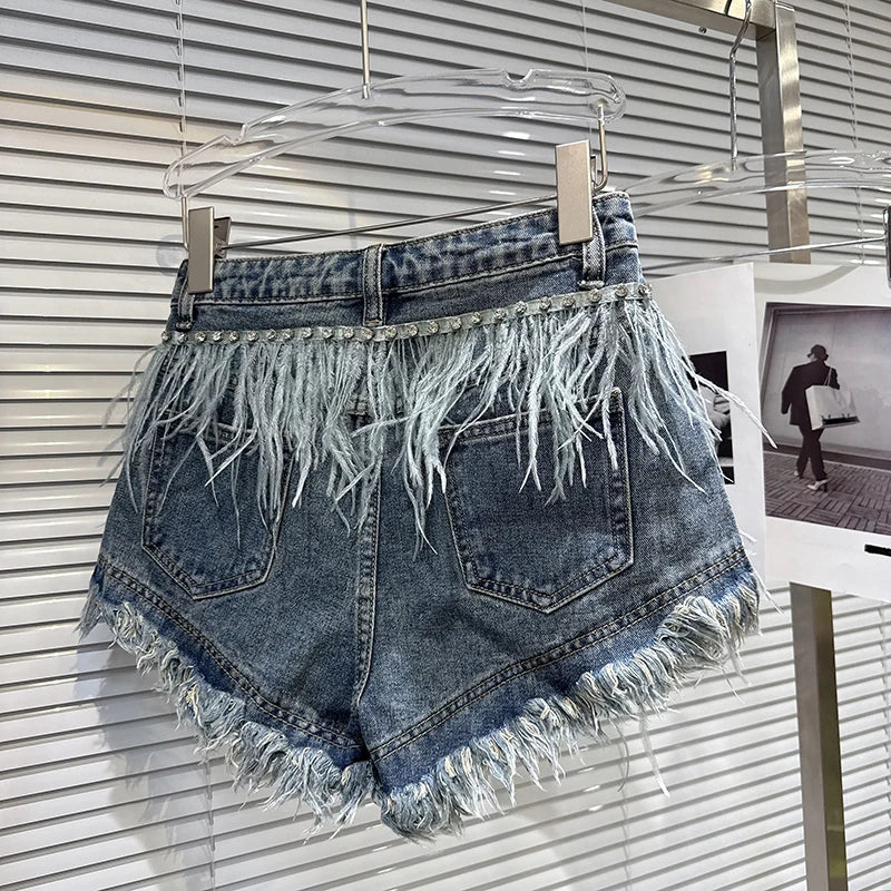 2026 Autumn New Street Style Heavy Industry Rivet Denim Jacket For Women Feather Beaded Wide-leg Shorts Female 11A06375