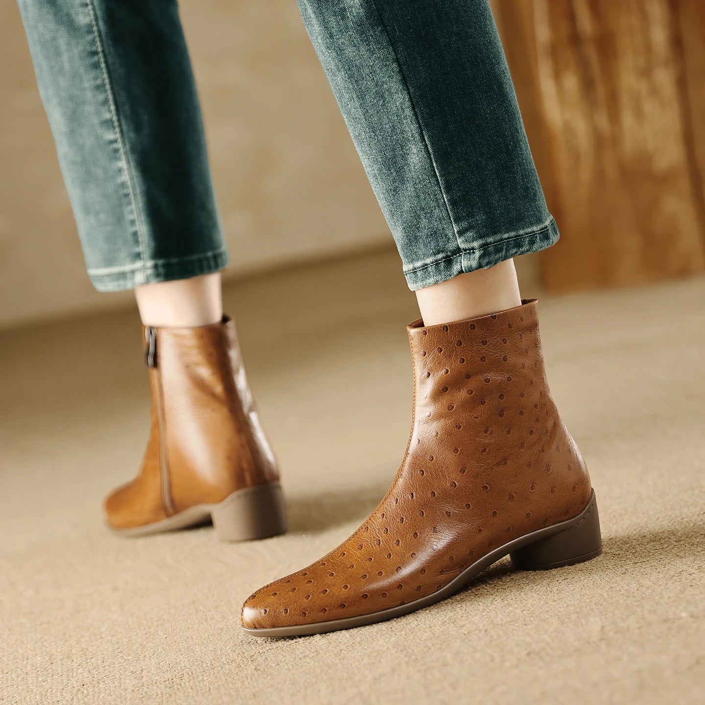 Women Handmade Genuine Leather Soft and comfortable Western Boots Square Toe Chunky Heel Retro Ankle Boots 34-40