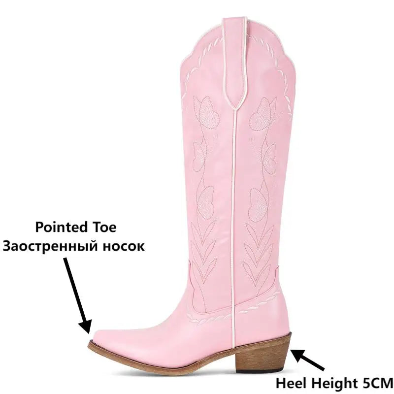 Onlymaker Women Pink Pointed Toe Pull-on Knee High Cowgirl Boots Big Size Comfy Female Mid Calf Chunky Heels Cowboy Boots