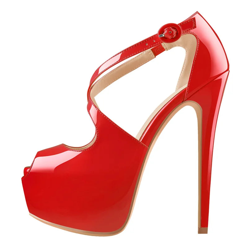 Women Peep Toe Platform Cross Strap Heels 16cm Thin High Heel Sexy Wedding Party Dress Stilettos Big Size Pumps