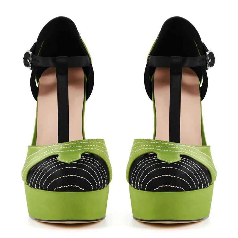 Women Green Platform Round Toe T-Strap Pumps Thin High Heels