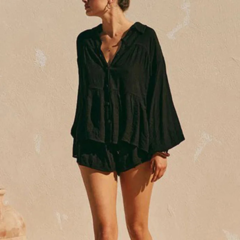 Casual Loose Female 2 Piece-Set Shorts Ruffled Lapel Shirts Top And High Waist Shorts Sets Summer Beach Holiday Outfits