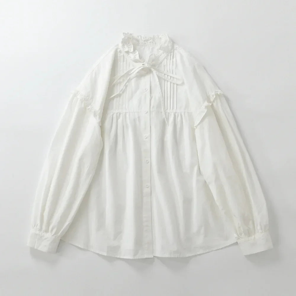 100% Cotton Vintage Elegant Chic Long Puff Sleeve Ruffled Collar Loose Blouse 2025 Fall Spring Sweet Victorian Edwardian Shirt