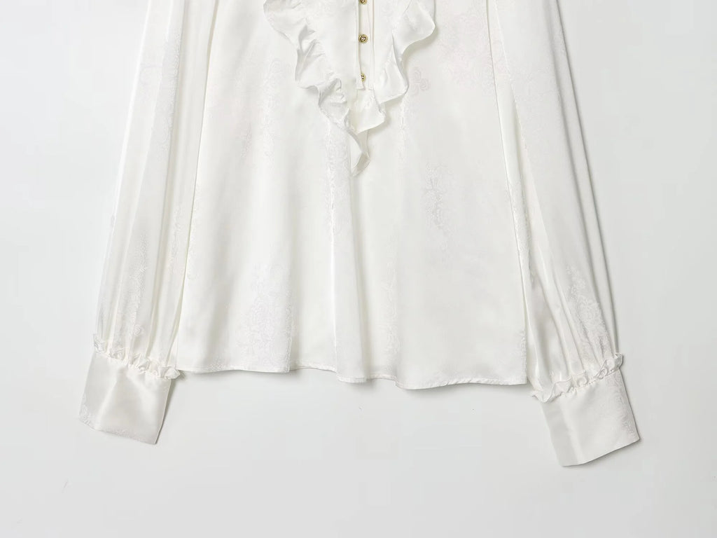 2025 Autumn New Women's Clothing French Style Mushroom Edge Standing Collar Long Sleeve Shirt