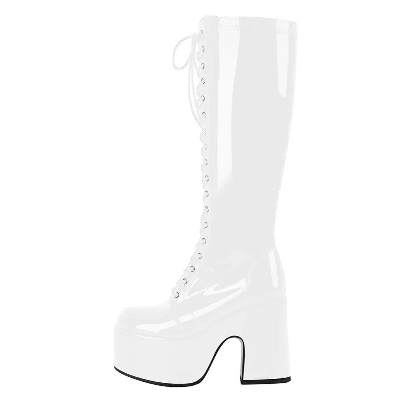 Onlymaker Women Black Round Toe Platform Knee High Boots Side Zipper Fashion Chunky Heel Mid-Calf Boot Punk Boots