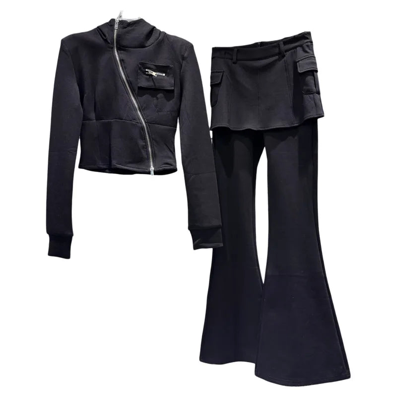 2025 Autumn New Women's Two-pieces Set Diagonal Zipper Hooded Sweatshirt Slim Fit Flared Pants Female Trendy 11A06593