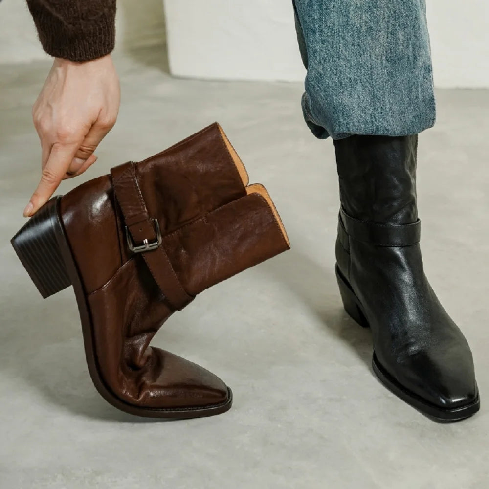 New Quality Women Handmade Genuine Leather Mid Heels Ankle Boots Sexy Square Toe Western Female High Boots 34-40