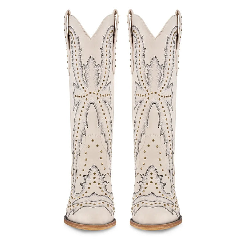 Onlymaker Women Pointed Toe Mid Calf  Pull-on Knee High Cowgirl Boots Comfy  Chunky Heel Western Boots