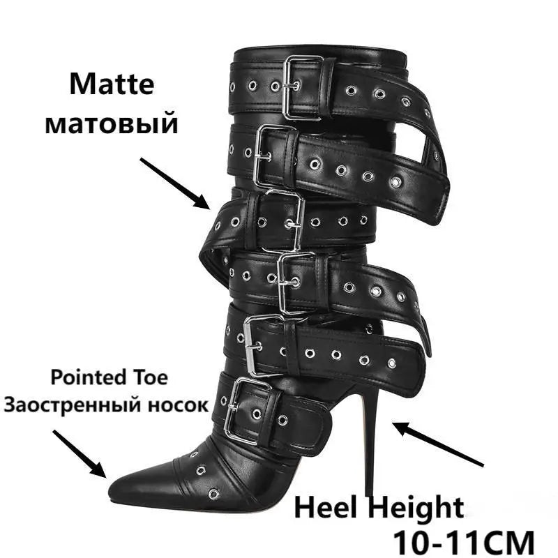 Onlymaker Women Pink Mid-Calf Boots Buckle Strap Thin High Heel Lady Zipper Female Pointed Toe  Stiletto Boots