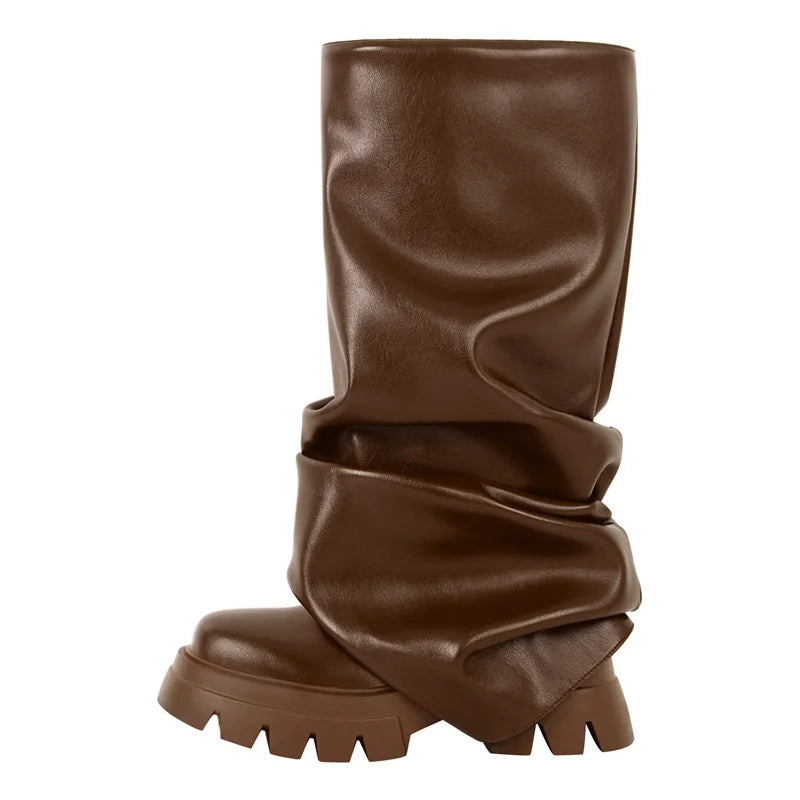 Onlymaker Women Platform  Pleated Fold Over Boots Round Toe Handmade Female Fashion Mid-Calf Boots