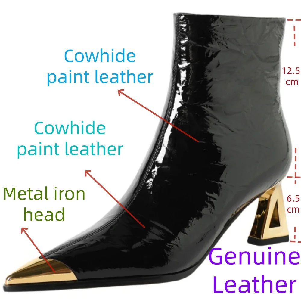 Winter New Handmade Genuine Leather Ankle Short Boots Women Pointed Toe Elegant Heel Dress Ladies Shoes 34-40