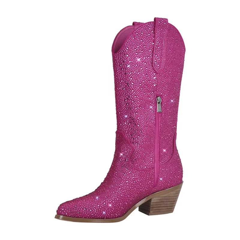 Onlymaker Women Side Zipper Knee High Boots Rhinestone Booties Glitter Bling Shiny Western Pointed Toe Block Heel  Cowgirl Boot