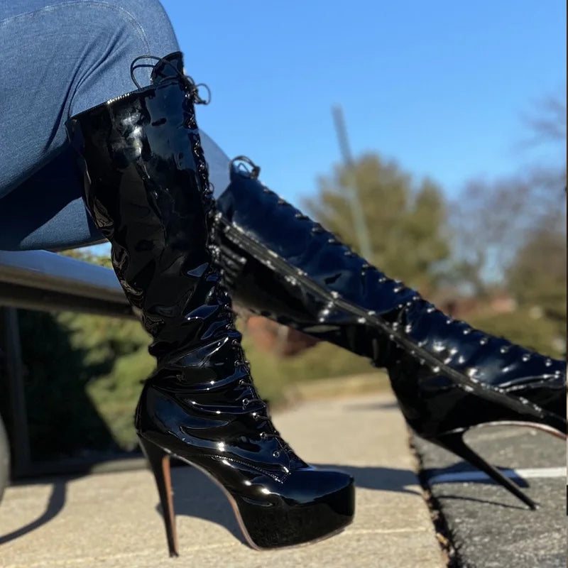Onlymaker Women's Round Toe Stiletto Platform Zipper Knee High Boots High Heel Lace Up Plus Size Winter Fashion Sexy Boots