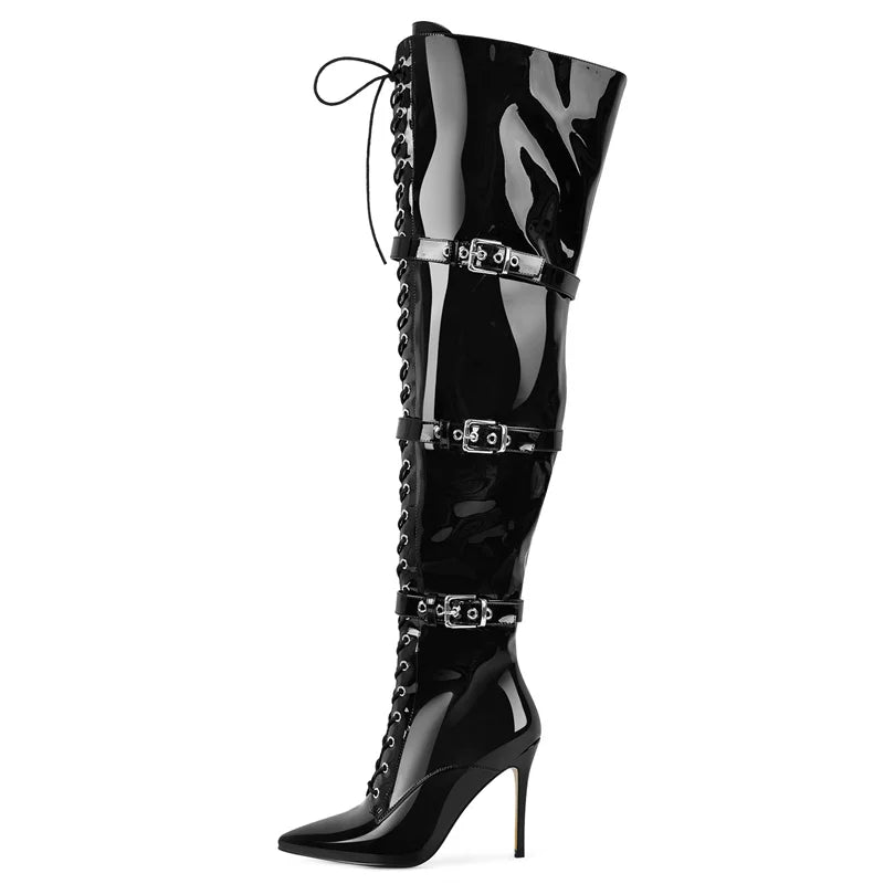 Onlymaker Women Pointed Toe Belt Buckle Over The Knee Boots Zipper Plus Size Sexy Patent Leather Wide Calf Thigh High Boots