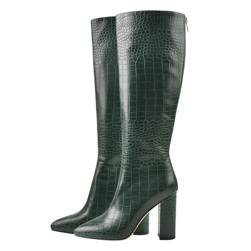 Onlymaker Women Green Knee High Boots Pointed Toe Western Cowboy Boots Wide Calf  Block Heel Pull-On Cowgirl Booties