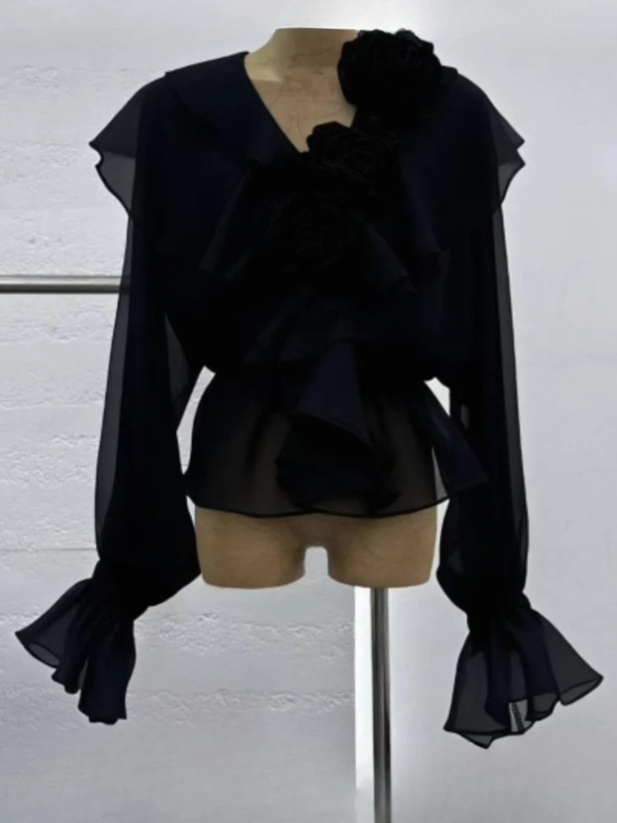 Solid Loose Spliced Fungus Folds Blouses for Women V Neck Long Sleeves Elastic Waist Casual Blouse Female Clothing