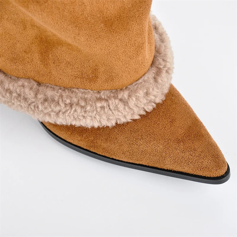 Onlymaker Women Pointed Toe Artificial Suede Lock Pull On Knee High Boots Thin Heel Wide Calf Stiletto Fold Over Boots
