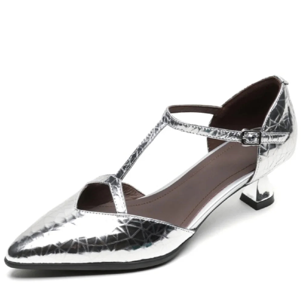 Summer Women Handmade Brand Genuine Leather Sandals Mid Heels Buckle Shoes Designer Pointed Toe Pumps 34-40