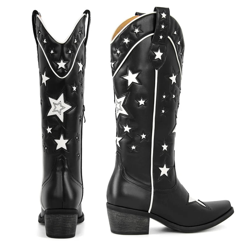 Onlymaker Women Pointed Toe Knee High Western Cowgirl Boots Comfy  Side Zipper Big Size Chunky Heel Cowboy Boots