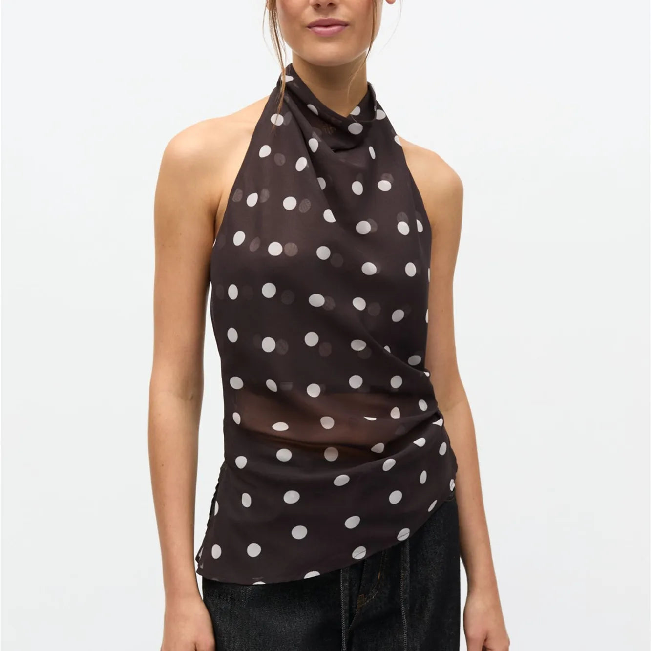 Elegant Women's Summer Halter Neck Tops Fashionable Dot Print Sleeveless Open Back Slim Fit Vest for Party Daily Wear