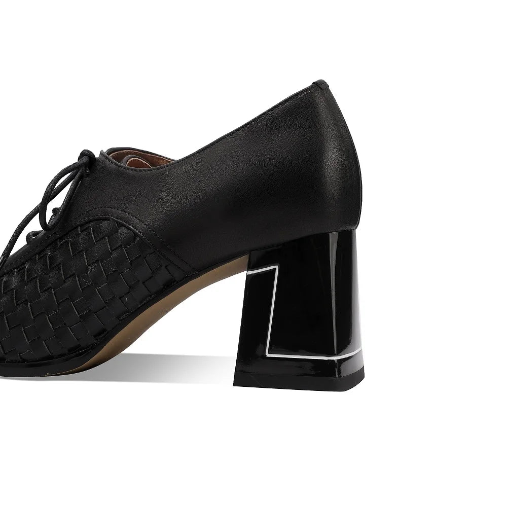 Handmade Genuine Leather Soft Comfortable Mixed color combination with lacesDeep Mouth High Heels Women 33-43