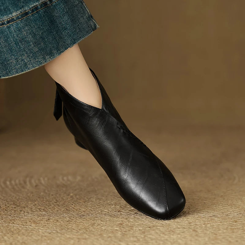women's stone pattern cow leather square toe front Back ankle boots med heel casual short boots 34-40