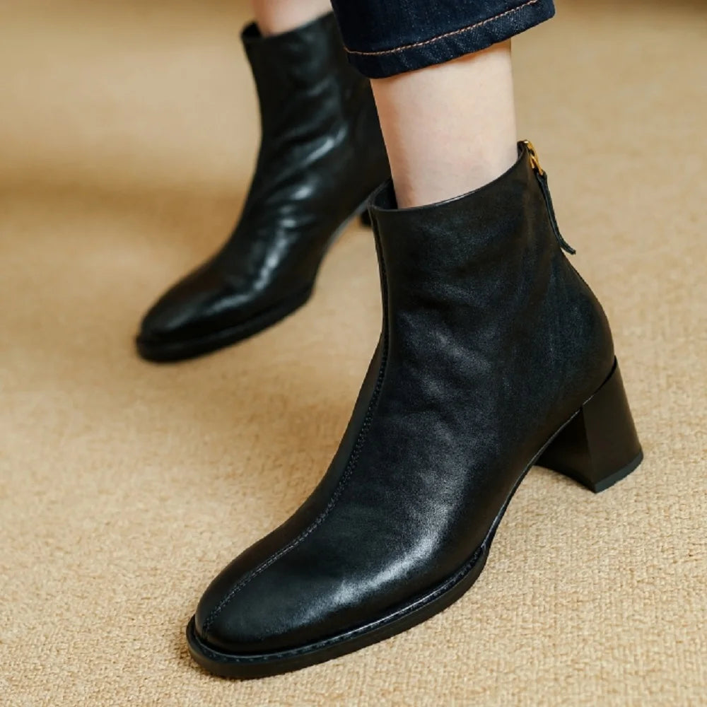 Handmade Genuine Leather Soft and comfortable Ankle Boots Women Booties Chunky Mid Heels Square Toe Shoes 34-40