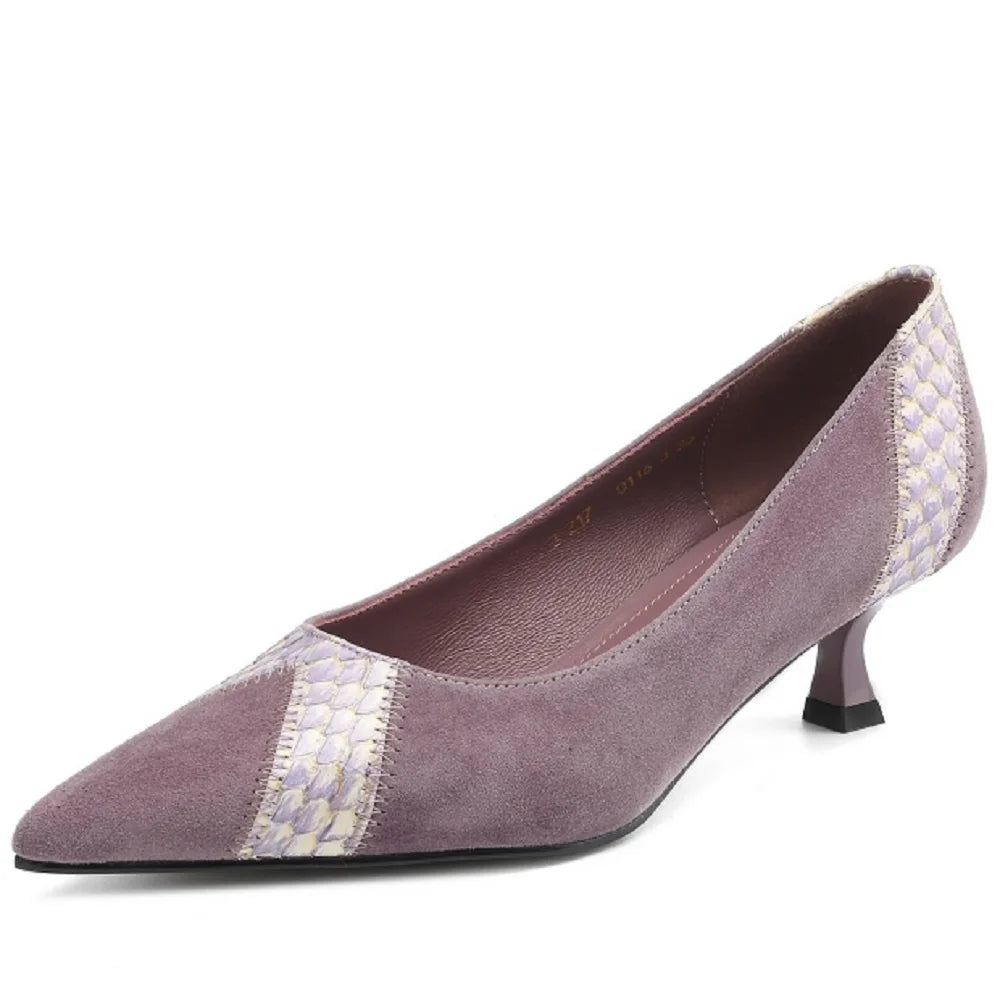 New Handmade Brand Genuine Leather Mixed color combinations Style Women's Pointed Shallow Mid Heels Sole 34-40