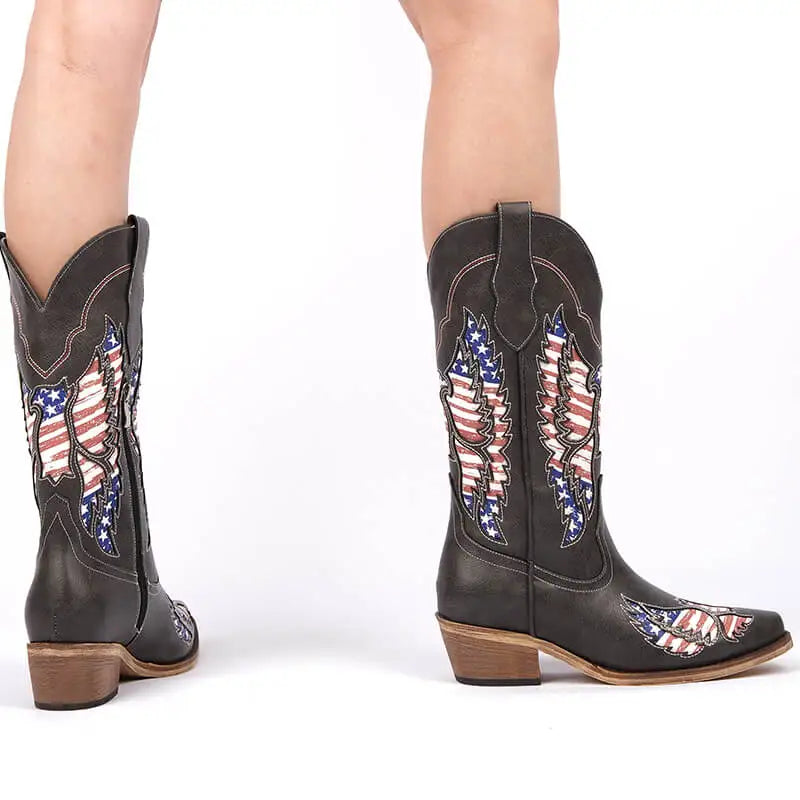 Women Pointed Toe Mid Calf Pull-on Knee High Western Boots 5CM Chunky Heel  Western Boots