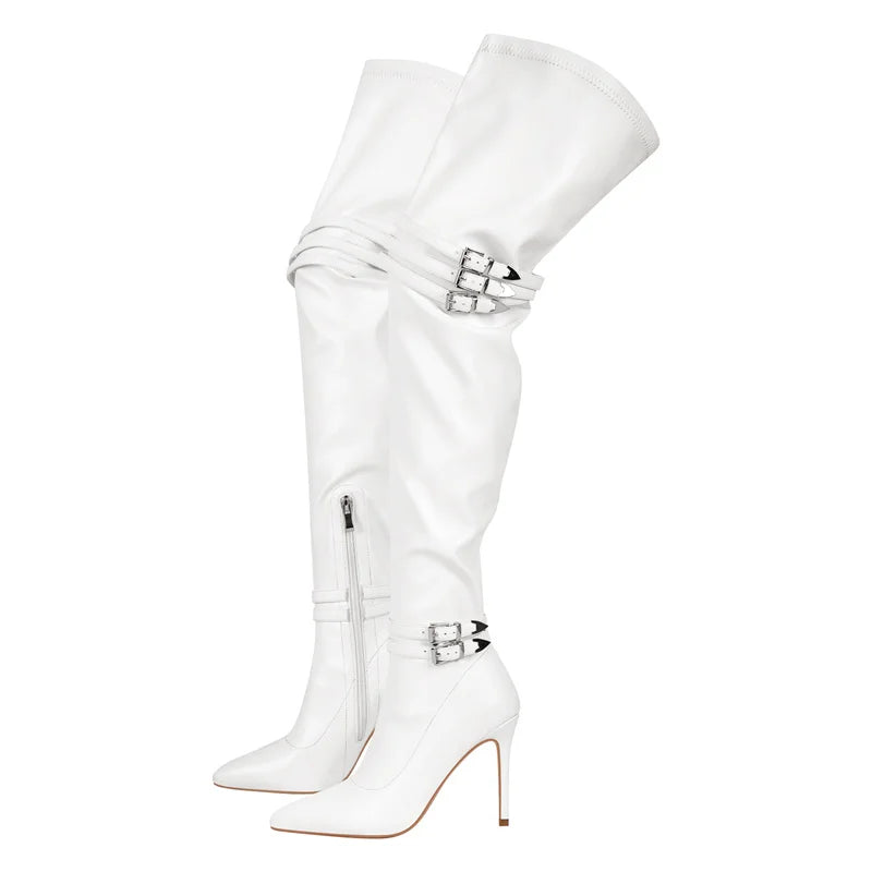 Onlymaker Women Pointed Toe White Over the Knee Stretch Boots Big Size Thin High Heel Woman Stiletto Thigh Boots