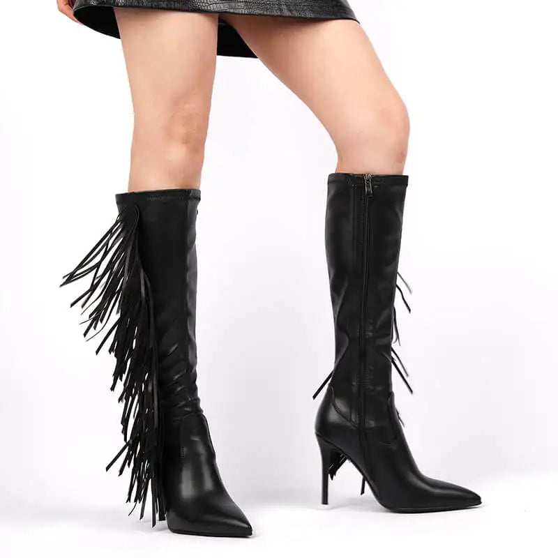 Onlymaker Women Pointed Side Fringe Zipper Stiletto Stretch Knee-high Boots Dressy Fashion Sexy Party Winter Boots