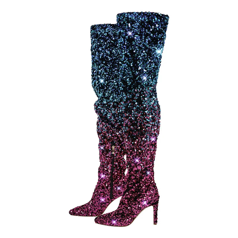 Onlymaker Women Glittery Over The Knee Boots Gradient Color Sequins Pointed Toe Stiletto Female Boots