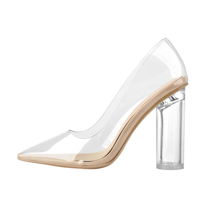 Women Pointed Toe PVC Clear High Heels Pumps Buckle   Chunky  Transparent Strip  Big Size Summer Pumps