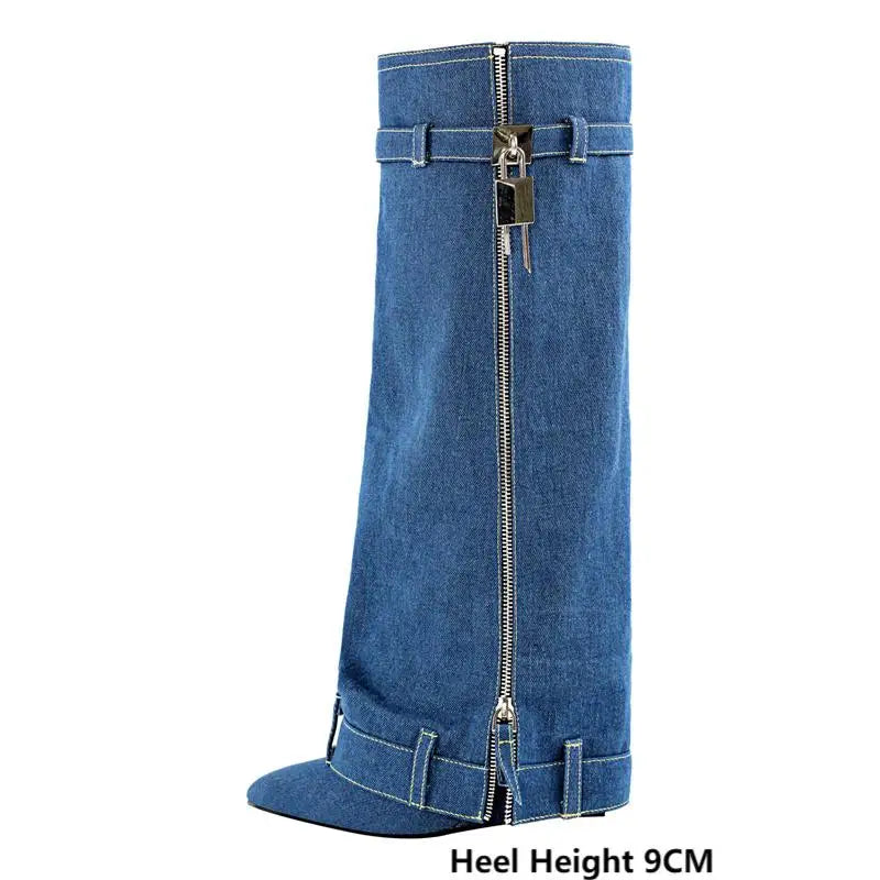 Onlymaker Woman Denim Shark Lock Pants Boots Wedge Fold Knee High Heel Handmade Brand Female Boots
