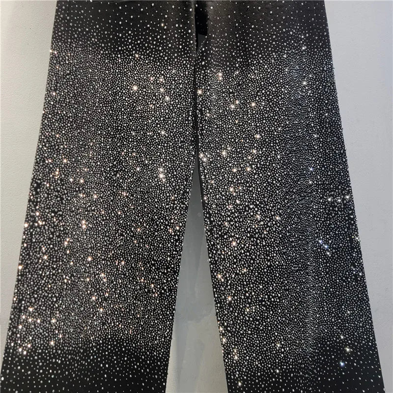 2026 New Fashion Spring Black Denim Pants For Women Glitter Diamonds Blingbling Wide Leg Straight Loose Jeans 29A5692