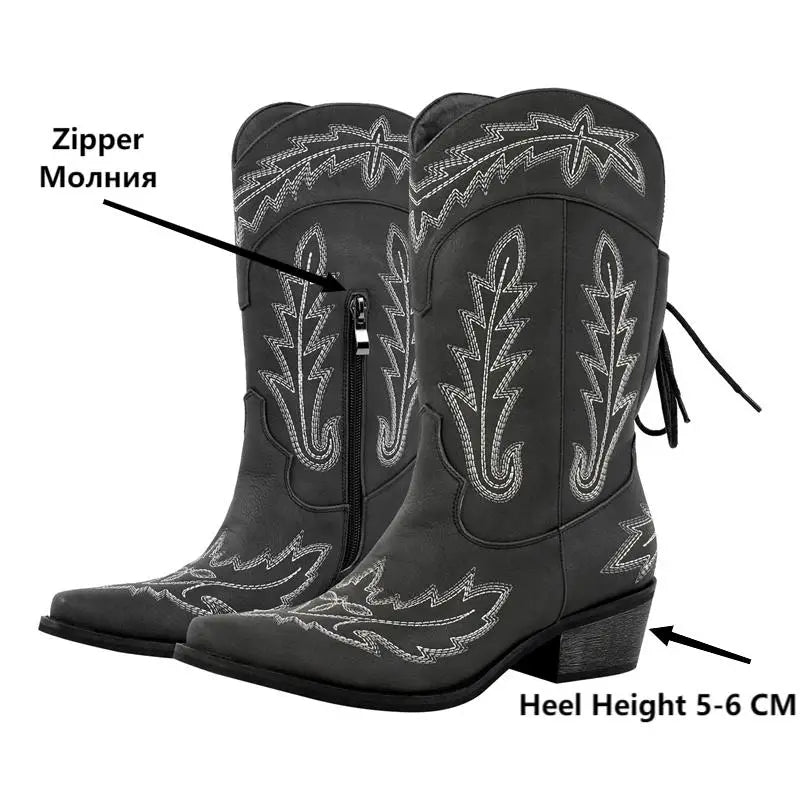 Women Pointed Toe Black Embroidery Western Boots Tapered Heel Round Up  Mid-Calf Western Cowgirl Boots