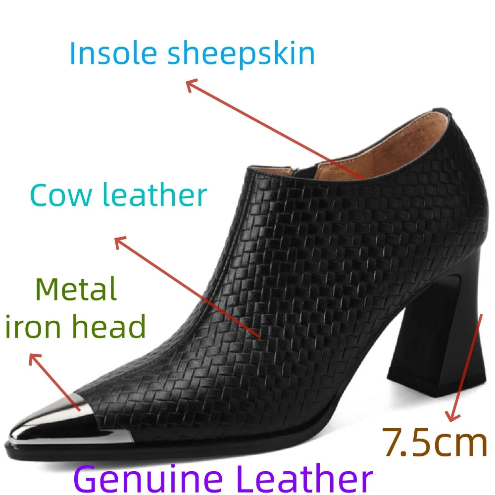 Handmade Genuine Leather Style Metal Head Anti-Collision Women's Shoe Deep Mouth Pointed Toe High Heels Seasonal