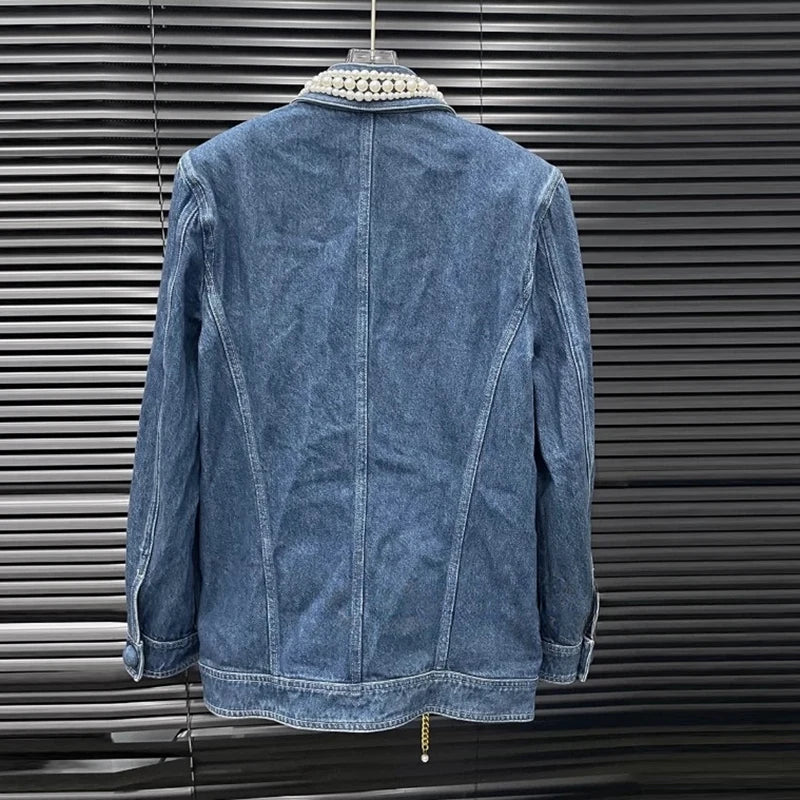 2026 Jeans Jacket  Autumn Winter Niche Design Multi-Pocket Single-Breasted Versatile Pearl Chain Casual Denim Jacket For Women 11A07235