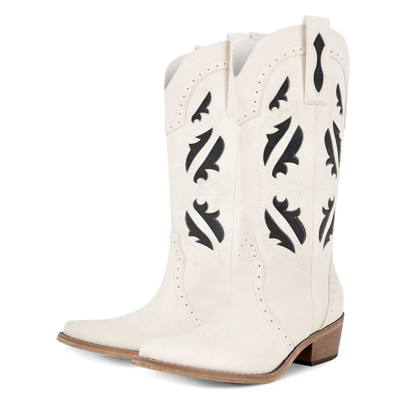 Onlymaker Women Pointed Toe Embroidered Stitched Mid Calf Cowboy Boots Chunky Block Heel Pull On Cowgirl Western Boots