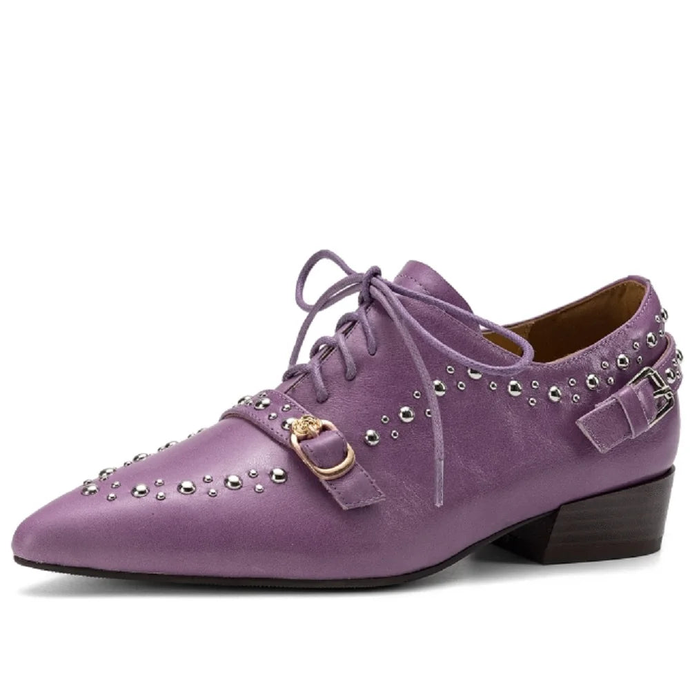 Women's Handmade Genuine Leather with Pointed Toe Mid Heel Casual Office Slip-On Dress Shoes for Girls 33-43