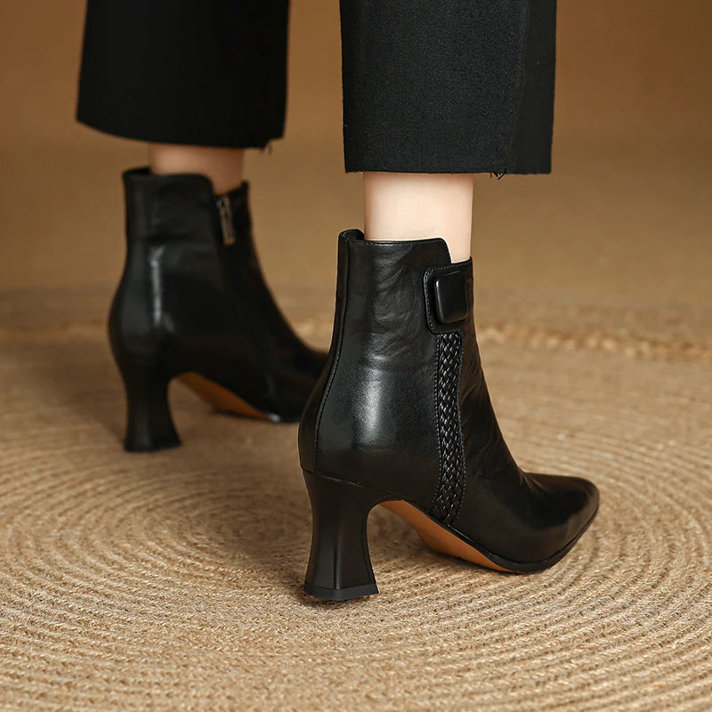Handmade Genuine Leather Sexy Soft and comfortable Ankle Boots Women Retro Pointed Toe Chunky Short Boot