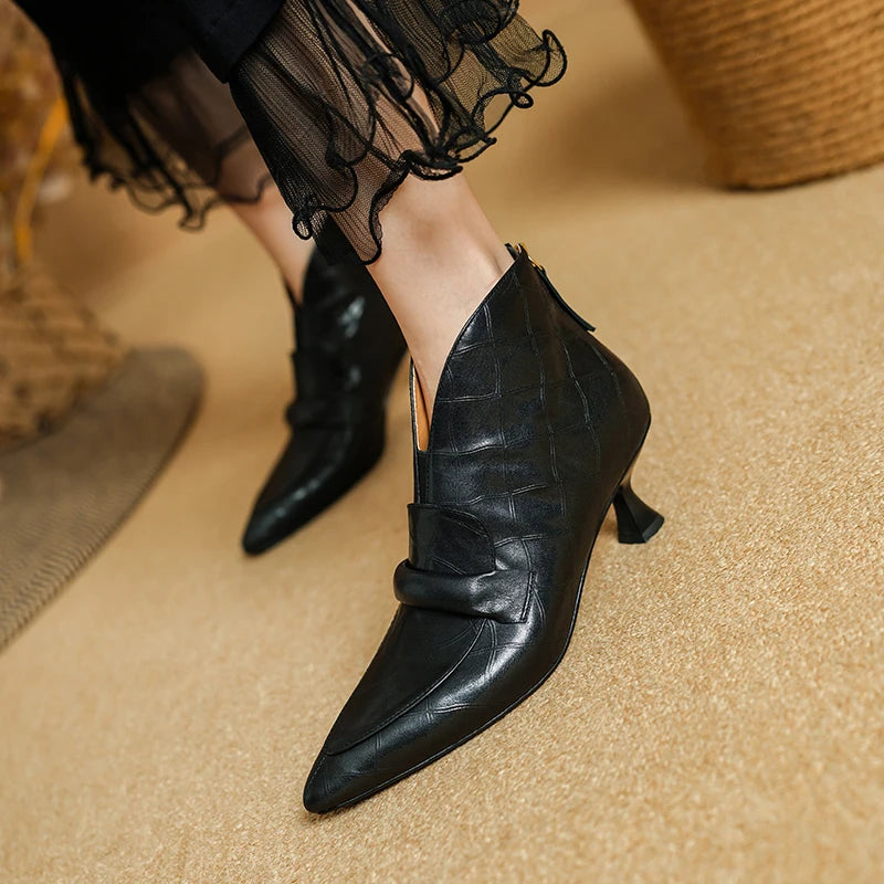 New Women Handmade Boots Mid heel Genuine Leather Shoes Pointed Toe Ankle Boots Chunky Shoes Western Boots 34-40